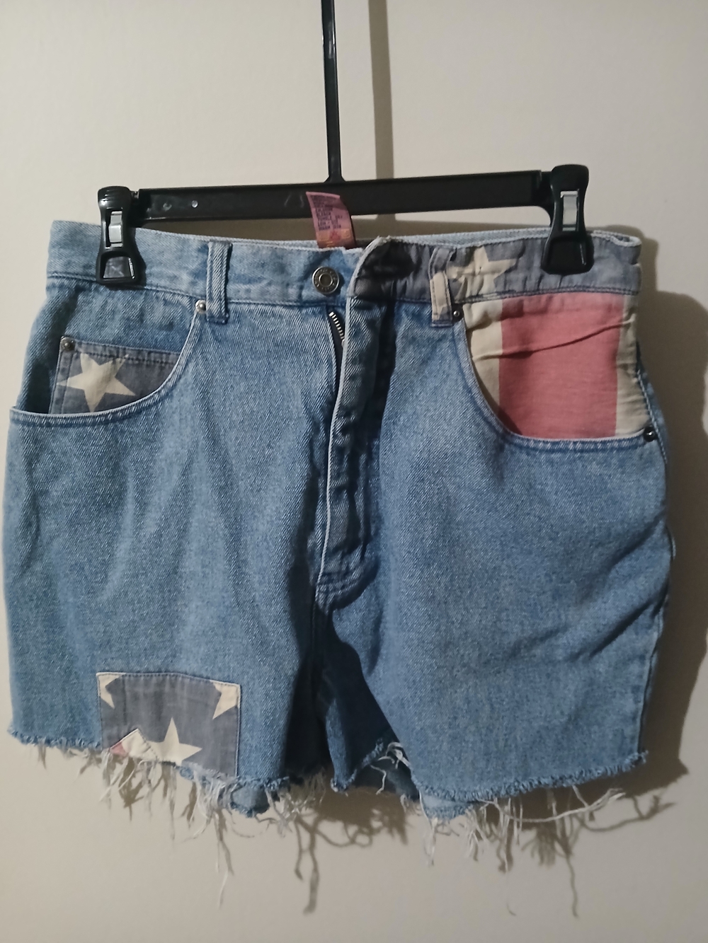 Denim Cutoff Shorts with Americana Patch Details - Blue